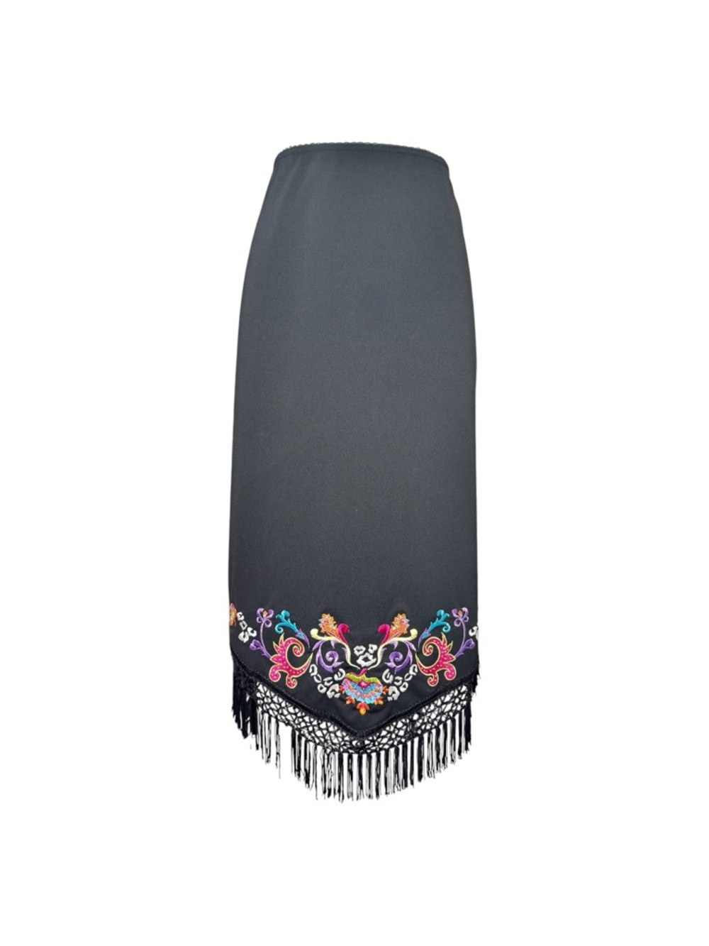 Y2K F.L Malik Black Colorful Embroidered Fringe Maxi Skirt Size Medium